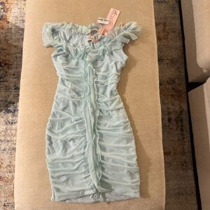 Oh Polly Light Blue Ruched Off-Shoulder Dress